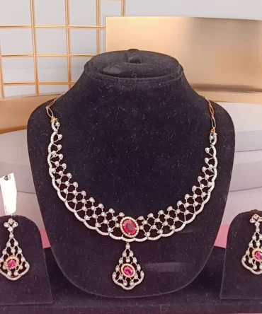 Stupendously Engraved Ruby and Diamond Necklace and Earring Set